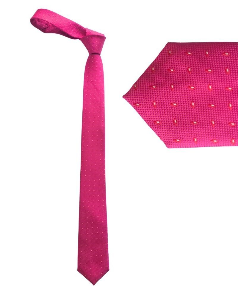 Gravata slim fit fucsia texturizada com microdetalhes exibindo vista completa e detalhe do tecido