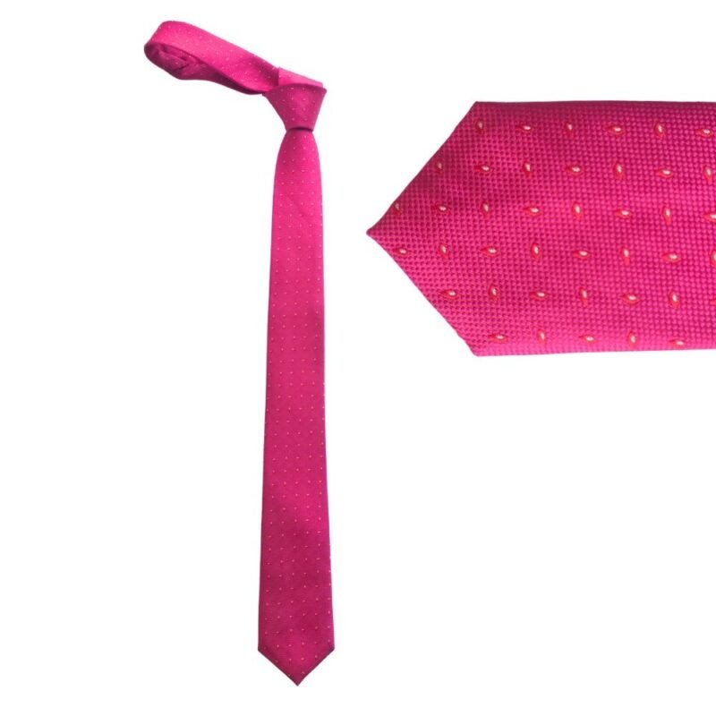 Gravata slim fit fucsia texturizada com microdetalhes exibindo vista completa e detalhe do tecido