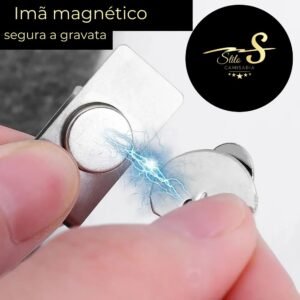 Maos segurando o ima magnetico para gravata demonstrando a forca de atracao entre as pecas com efeito visual