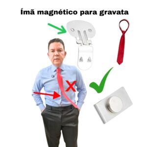 Infografico explicativo do ima magnetico para gravata mostrando o problema da gravata voadora e a solucao com o acessorio