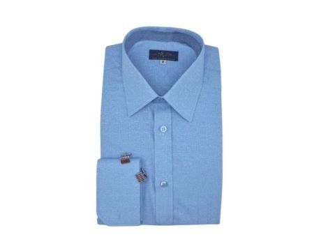 Camisa azul masculina com punho duplo e tecido quadriculado francesa da MS Stilos