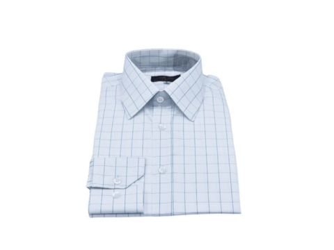 Camisa social branca masculina com padrão quadriculado azul claro e colarinho francês da MS Stilos