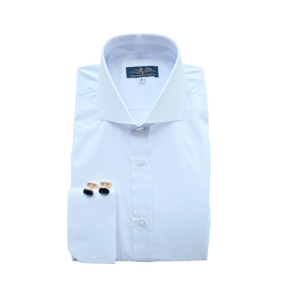 Camisa Colarinho Cutaway (Italiano Aberto) Branca Lisa e Punho Duplo – MS Stilos