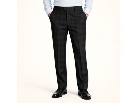 Calça de alfaiataria masculina preta com padrão príncipe de gales para visual executivo sofisticado.