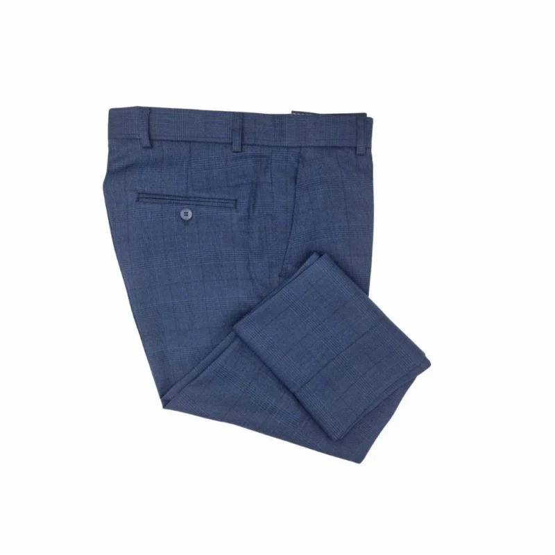 Calça social azul royal estampa gales dobrada, pregas frontais e passantes de cinto