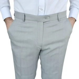 Calça social cinza clarinho estampa gales vestida, cós e bolsos frontais