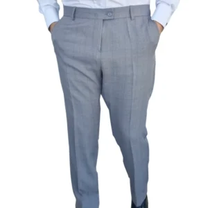 Calça social cinza claro estampa gales vestida, caimento reto até o tornozelo