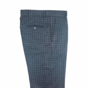 Calça social masculina cinza xadrez dobrada, bolso traseiro com acabamento premium