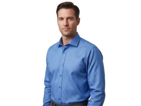 Homem vestindo camisa social azul com colarinho estruturado, exemplo de camisa gola dura elegante para manter a sofisticação ao longo do dia