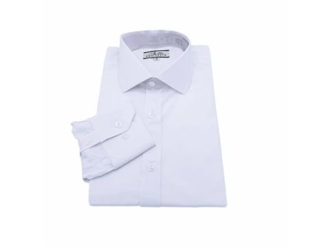 camisa social branca masculina com gola italiana da MS Stilos dobrada em fundo branco