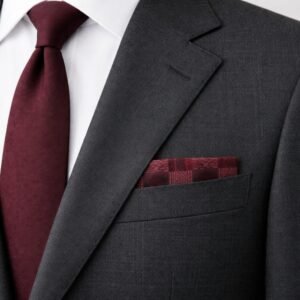 Lenço De Bolso Bordô Quadriculado Com Textura Clássica Elegância Distinta Para Paletó Masculino Ms Stilos — dobrado no bolso do paletó