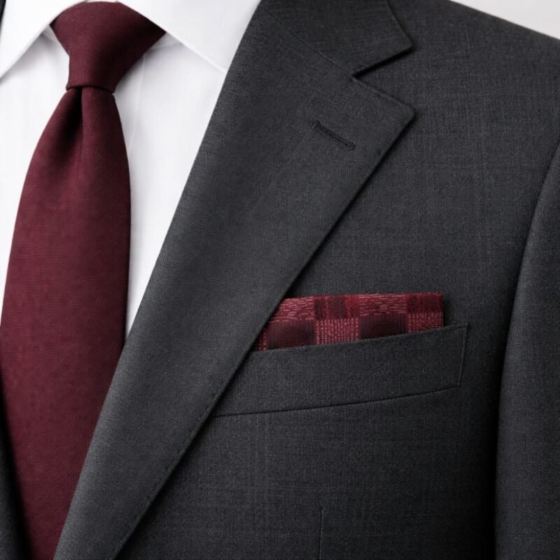 Lenço De Bolso Bordô Quadriculado Com Textura Clássica Elegância Distinta Para Paletó Masculino Ms Stilos — dobrado no bolso do paletó