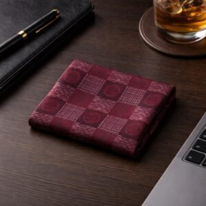 Lenço De Bolso Bordô Quadriculado Com Textura Clássica Elegância Distinta Para Paletó Masculino Ms Stilos — mostrando os detalhes de costura