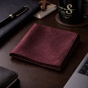 Lenço De Bolso Bordô Paisley Texturizado Elegância Nobre — mostrando toda a padronagem