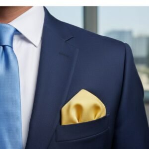 Lenço De Bolso Amarelo Claro Texturizado Elegância Moderna E Sofisticada — em dobra triangular ajustado no bolso do paletó