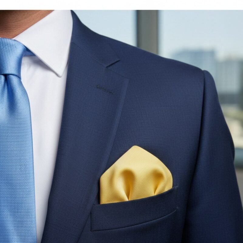 Lenço De Bolso Amarelo Claro Texturizado Elegância Moderna E Sofisticada — em dobra triangular ajustado no bolso do paletó