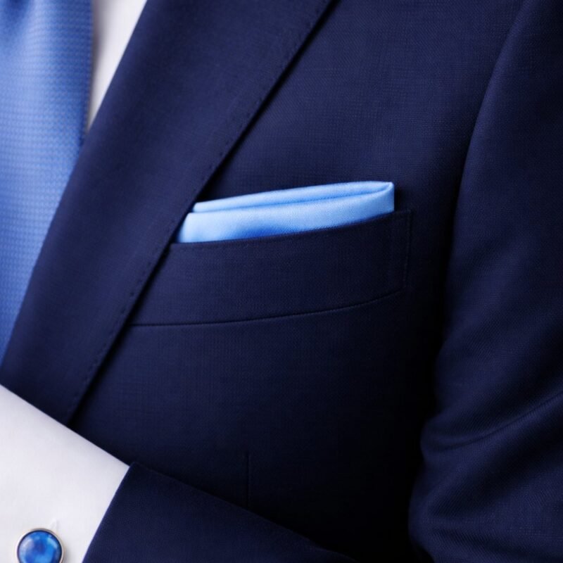 Lenço De Bolso Azul Serenity Acetinado Elegância Suave E Refinada — aberto mostrando os detalhes de costura e acabamento
