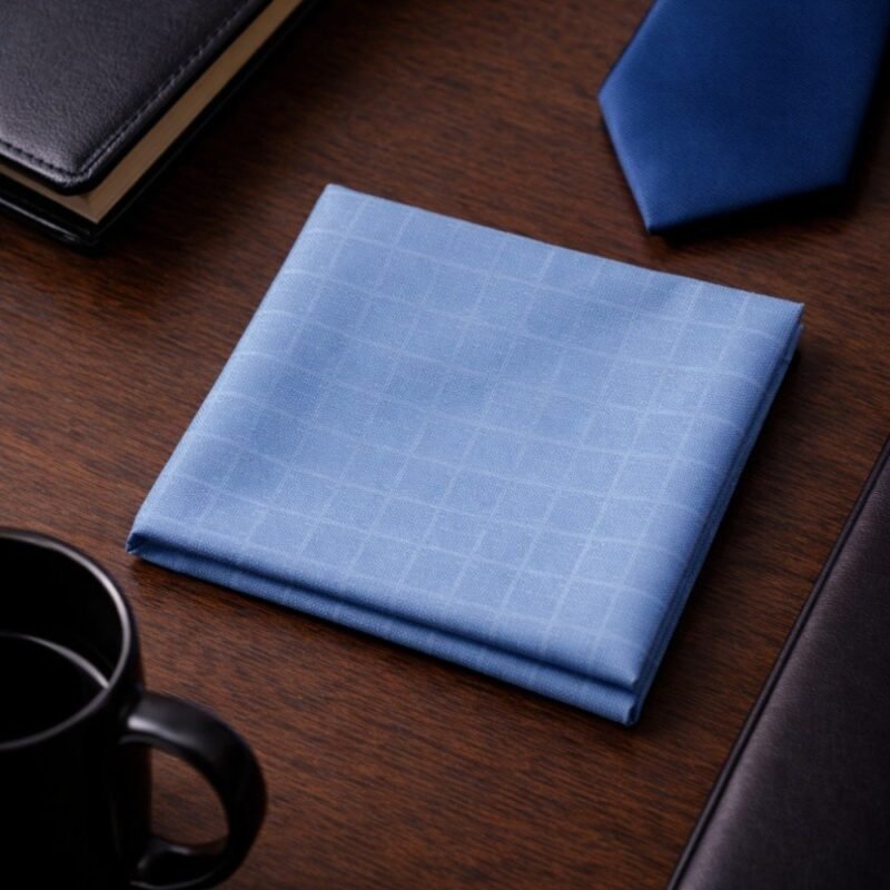 Lenço De Bolso Azul Sereno Com Padronagem Sutil Elegância Atemporal — aberto e estendido mostrando toda a padronagem