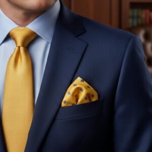 Lenço De Bolso Dourado Geométrico Elegância Solar Com Detalhes Azul Marinho — como acessório de terno