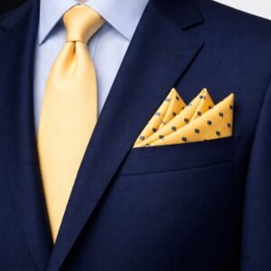 Lenço De Bolso Dourado Geométrico Elegância Solar Com Detalhes Azul Marinho — aberto mostrando os detalhes de costura e acabamento