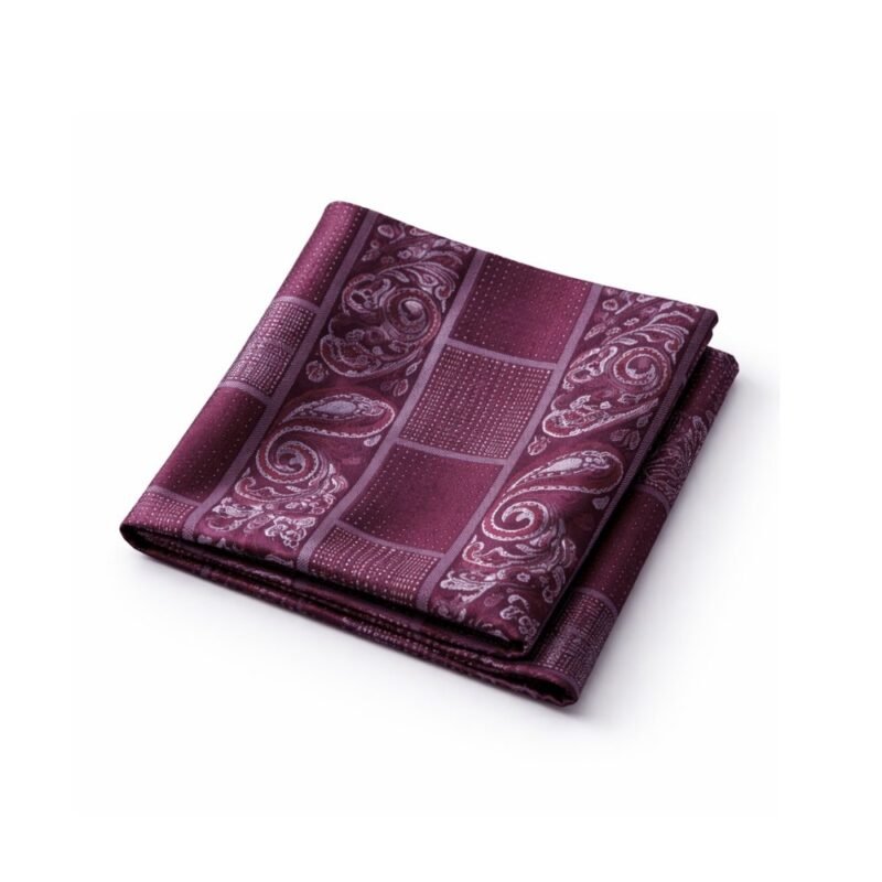 Lenço De Bolso Bordô Com Padrão Paisley — mostrando os detalhes de costura e acabamento