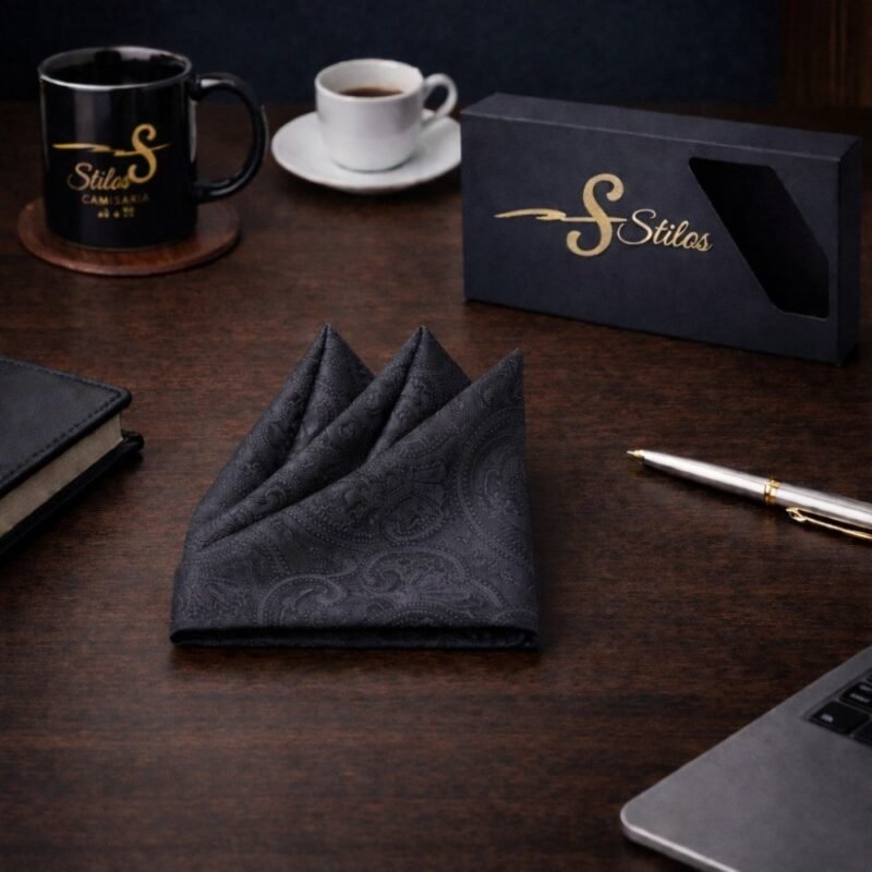Lenço De Bolso Grafite Com Padrão Paisley Elegância Sofisticada E Presença Discreta Para Paletó Masculino — mostrando toda a padronagem