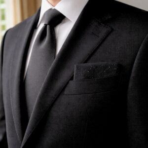 Lenço De Bolso Preto, Fios De Prata — mostrando os detalhes
