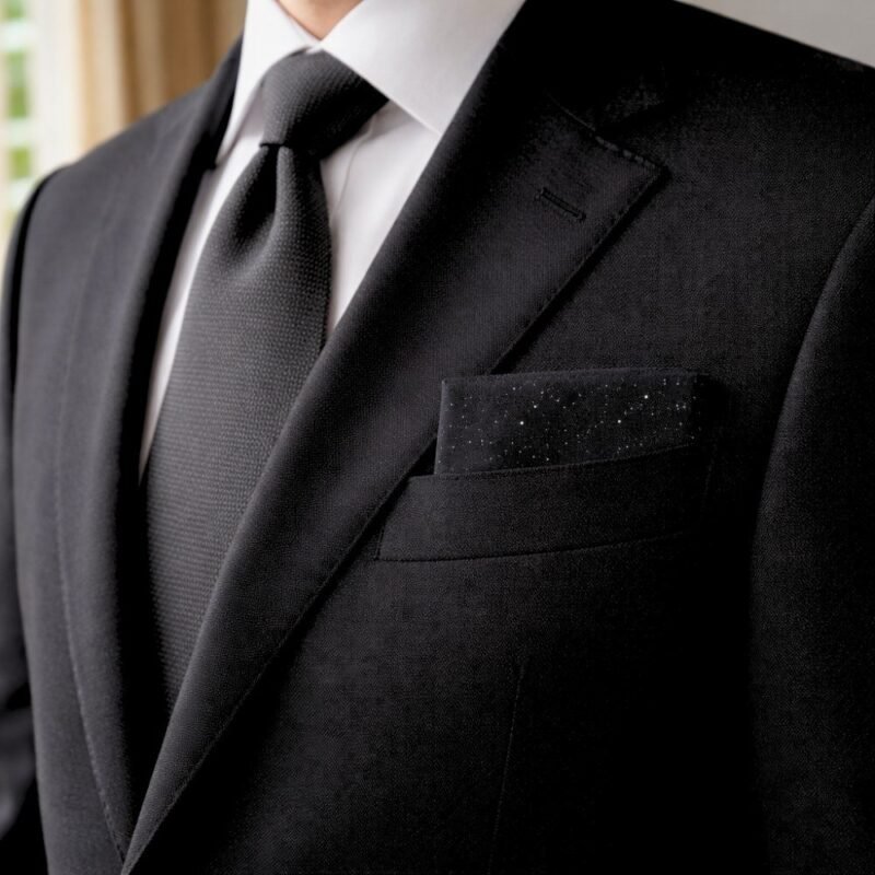 Lenço De Bolso Preto, Fios De Prata — mostrando os detalhes