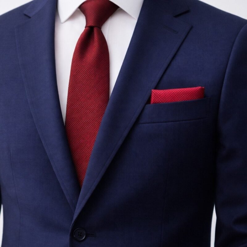 Lenço De Bolso Vermelho Texturizado Elegância Intensa E Moderna — foto principal dobrado no bolso do paletó