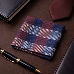 Lenço De Bolso Xadrez Azul, Vermelho E Branco Elegância Clássica Ms Stilos — em close com foco no detalhe da textura e acabamento