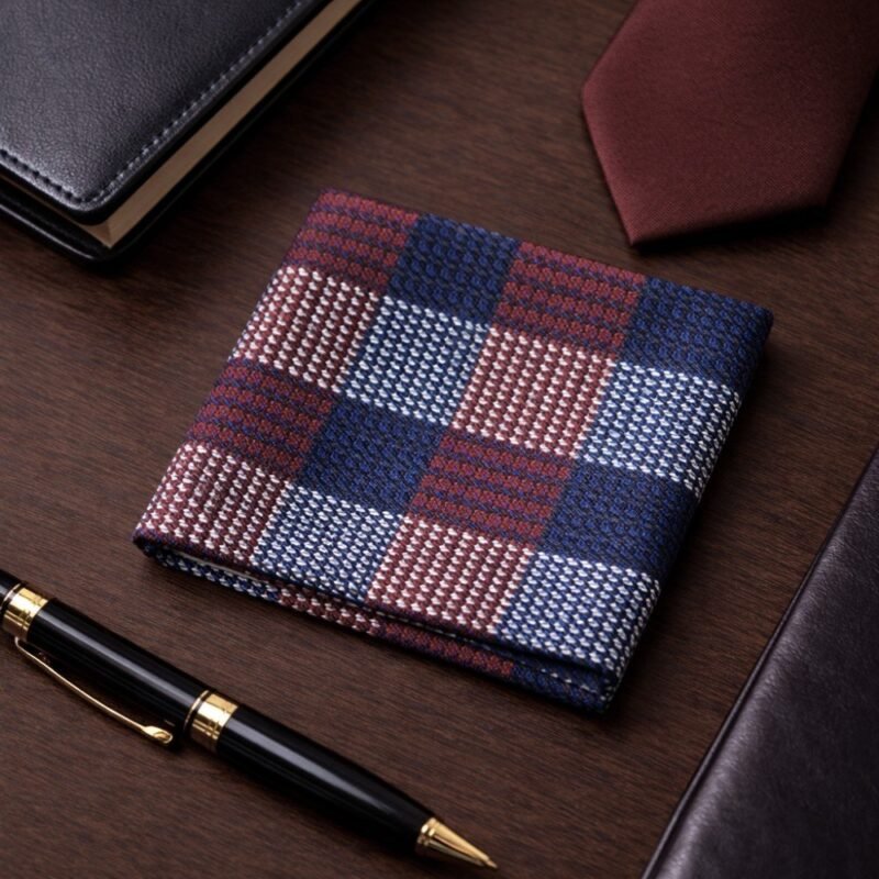 Lenço De Bolso Xadrez Azul, Vermelho E Branco Elegância Clássica Ms Stilos — em close com foco no detalhe da textura e acabamento