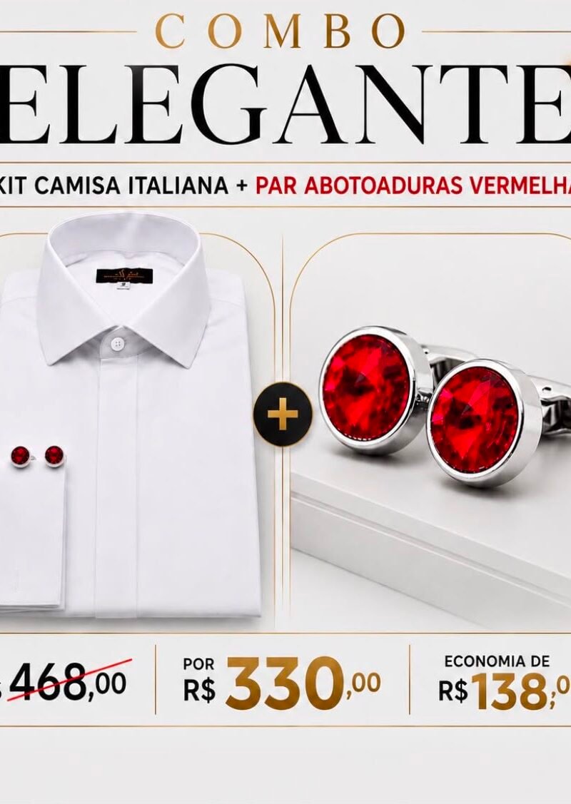 Promoção kit: Camisa Branca Lisa + Par Abotoaduras Vermelhas