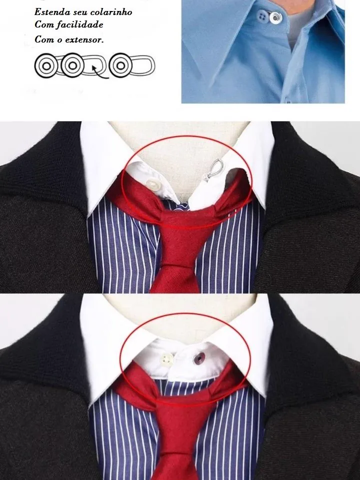 Comparativo antes e depois do alargador de colarinho, mostrando a folga ganha no pescoço