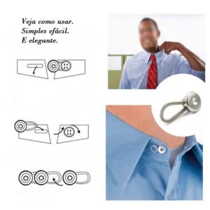 Passo a passo de instalação do alargador de colarinho prata no botão da camisa