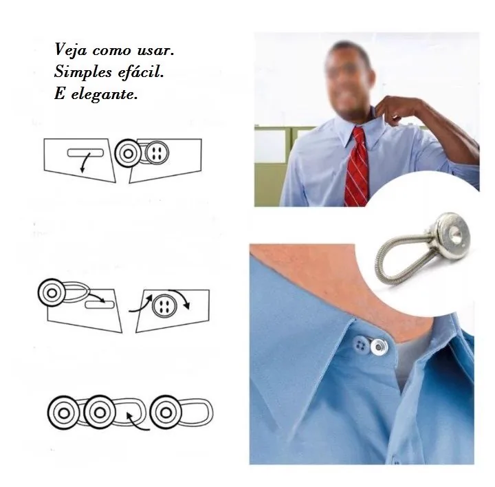 Passo a passo de instalação do alargador de colarinho prata no botão da camisa