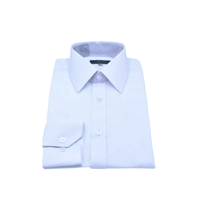 Camisa social branca lisa sulfite com gola francesa, dobrada em perspectiva