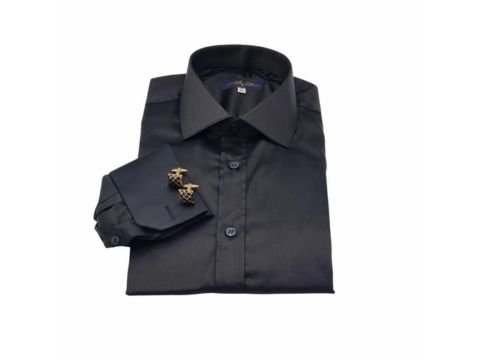 Camisa social preta masculina em algodão e elastano italiana da MS Stilos com punho duplo e abotoaduras