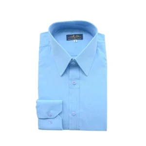 Camisa social azul lisa com gola inglesa pontuda, dobrada de frente