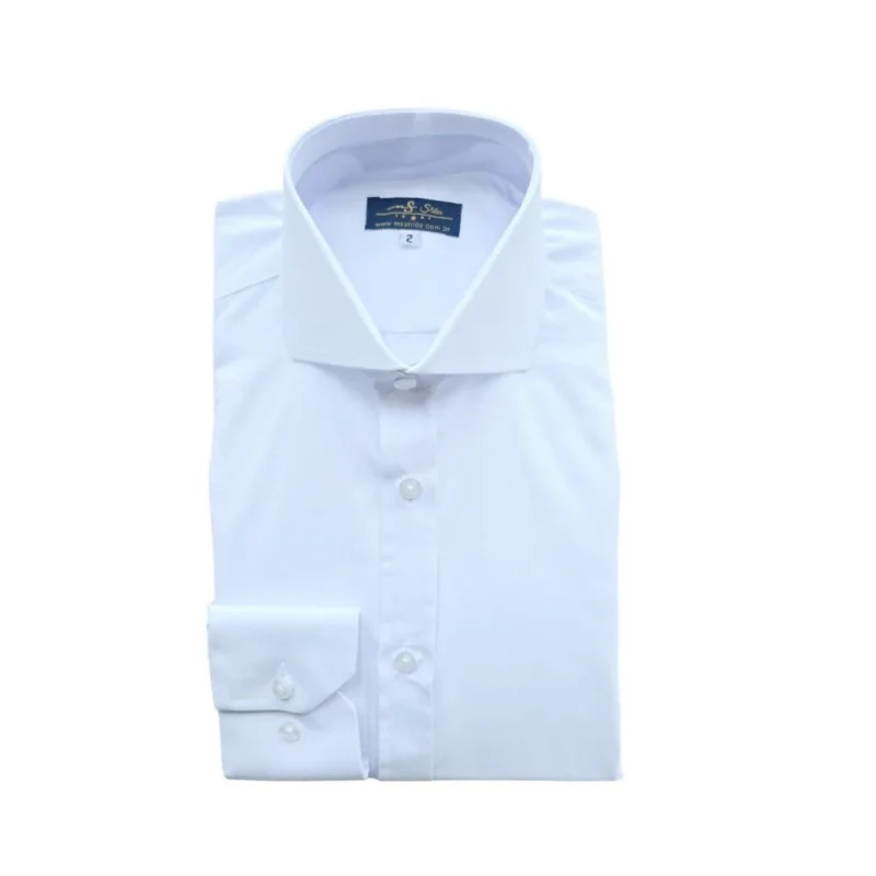 Camisa social branca lisa com gola cutaway italiana aberta, dobrada de frente