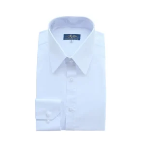 Camisa social branca lisa com gola inglesa pontuda, dobrada de frente