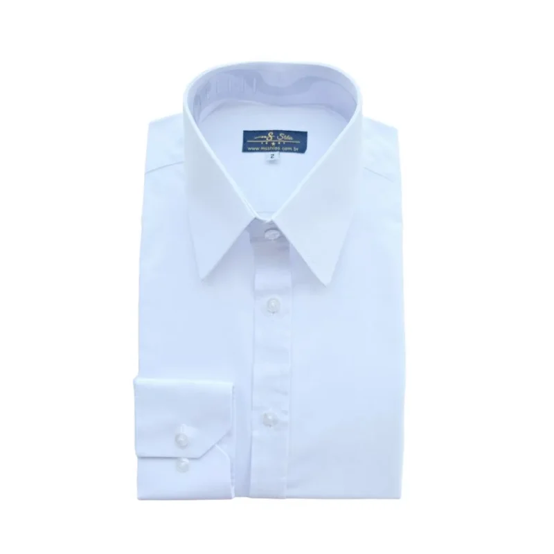 Camisa social branca lisa com gola inglesa pontuda, dobrada de frente