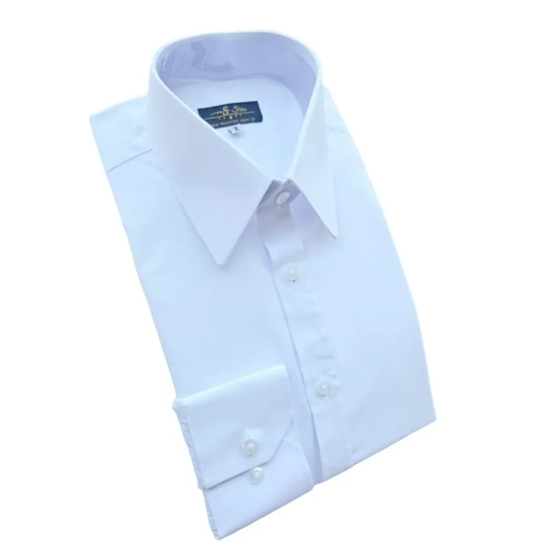 Camisa branca lisa de gola inglesa vista de cima, com a barra de botões e o punho
