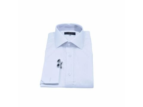 Camisa social branca masculina com punho duplo da MS Stilos, dobrada em fundo branco