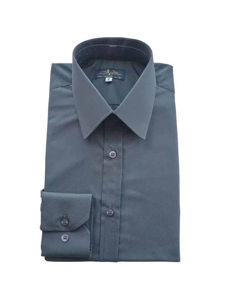 Camisa social cinza chumbo maquinetada com gola francesa, dobrada de frente