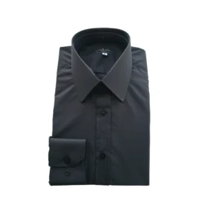 Camisa social preta maquinetada com gola francesa, dobrada de frente