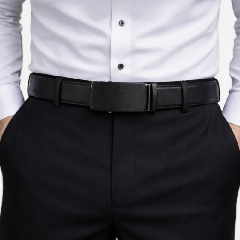 Cinto social automático preto com fivela de linhas limpas, usado com camisa branca e calça preta