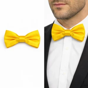 Gravata borboleta amarela usada no colarinho com camisa branca e terno preto