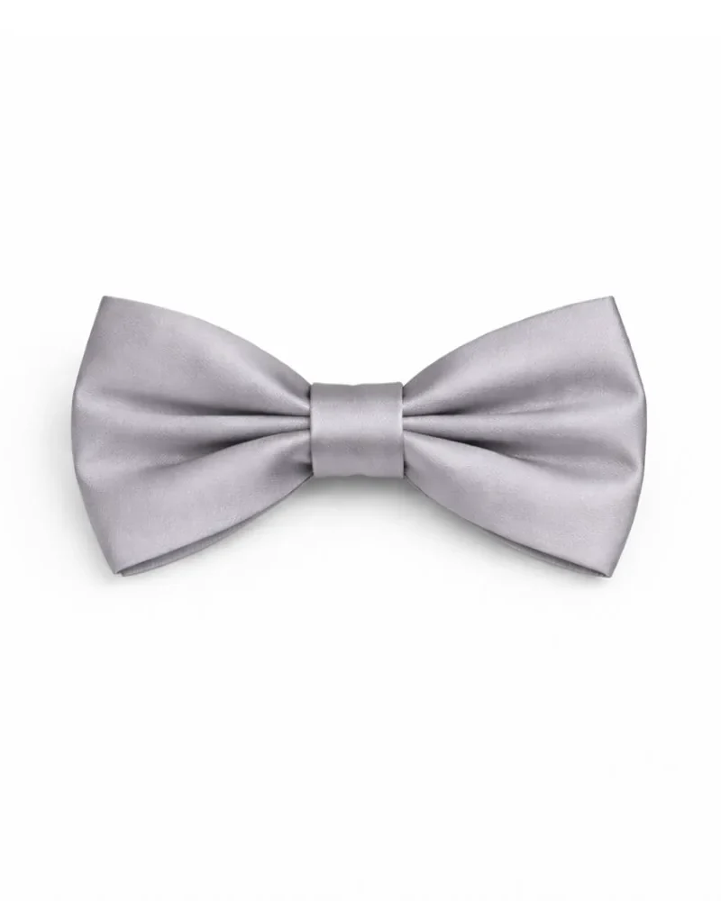 Gravata borboleta masculina cinza em tecido de dupla camada, vista de frente