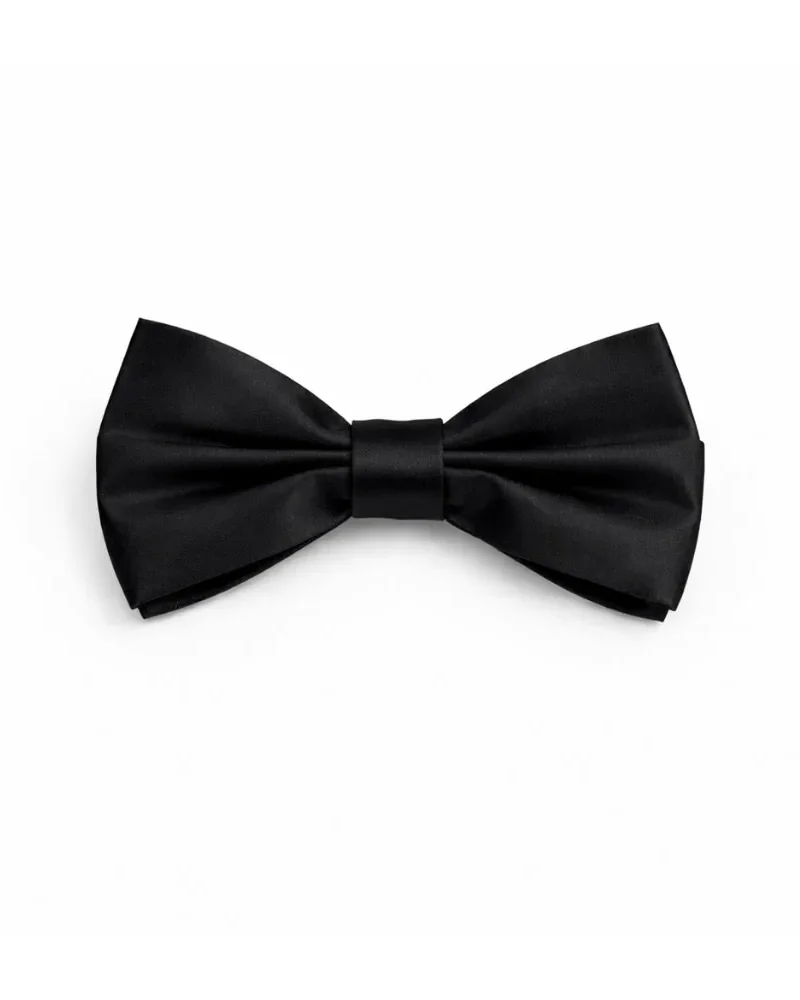 Gravata borboleta masculina preta em tecido de dupla camada, vista de frente