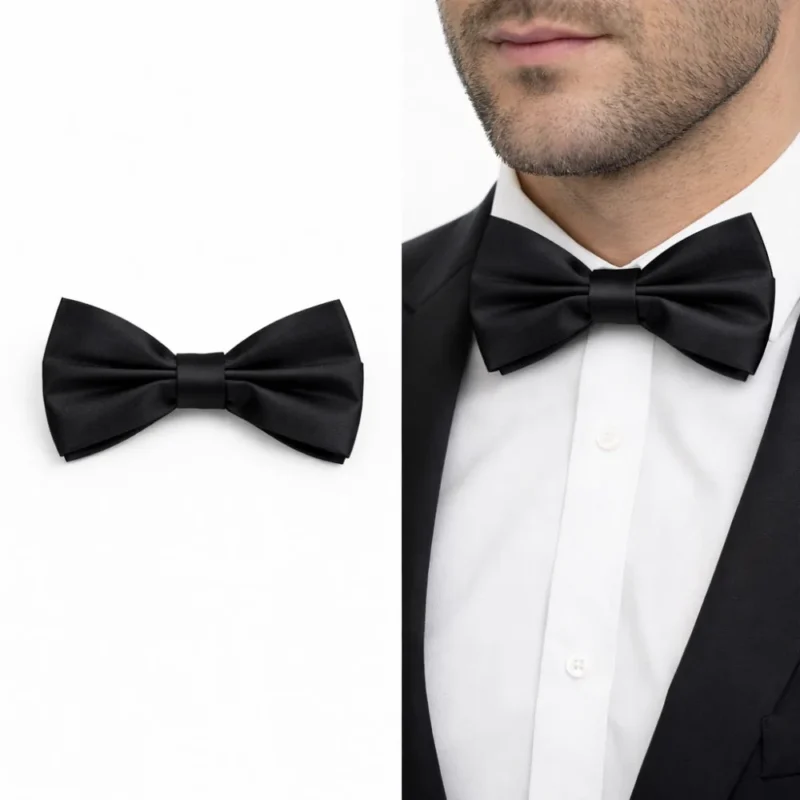 Gravata borboleta preta usada no colarinho com camisa branca e terno preto